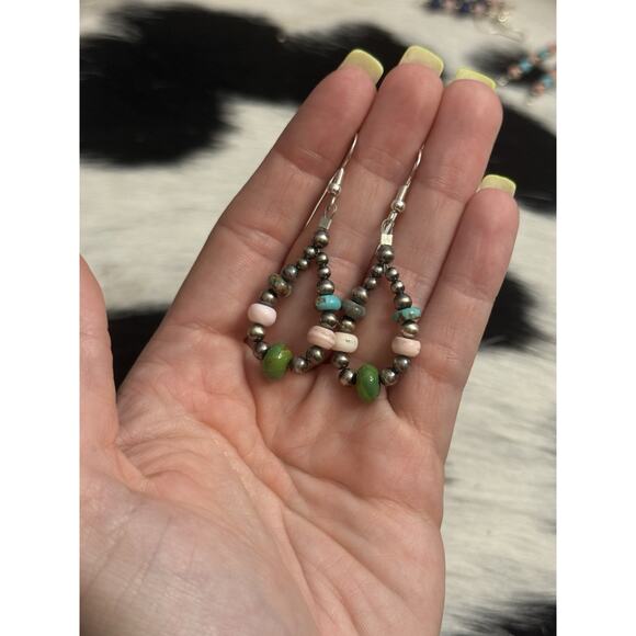 Native American Jewelry - Native American Sterling Silver Navajo Pearl Pink Conch Turquoise Green Earrings